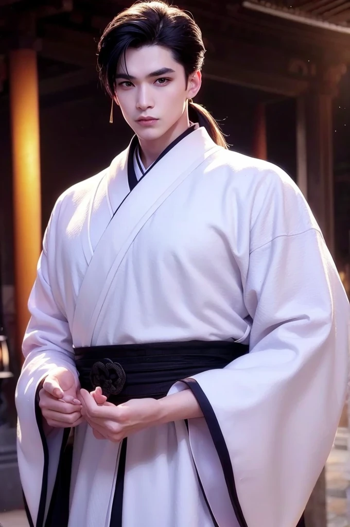 a man in a white robe, young and handsome man, ponytail, waist-length hair, ancient Chinese clothing, qi, a huge saber, ancient Chinese buildings in the background, night, powerful character, purple rays, a beautiful landscape. Detailed face, thick eyebrows, black eyes, 8k, robe embroidered with gold edges, detailed clothing, xianxia, world of cultivation. ((upper body))