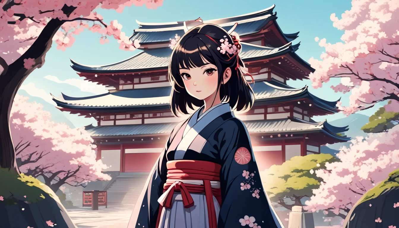 Female samurai,Japanese temple with cherry blossoms in the background、 Wide-angle lens, Lofi Anime, Lofi illustration, Aesthetic atmosphere, Lo-Fi Style, Vector art, Flat Design, Simple shape, Warm tones, Pleasant atmosphere, Chill, In anime style, Digital drawing, Vector art, Vector logo for t-shirt printing, (Adorable:1.5), (small:1.4), (Playful:1.2), (soft:1.3), (Whimsical:1.1), masterpiece, Highest quality, 8k, Intricate details, grow, Celestial, Mysterious, Picturesque, amazing, Majestic, Magic, Fantasy art, Cover art, dream-like