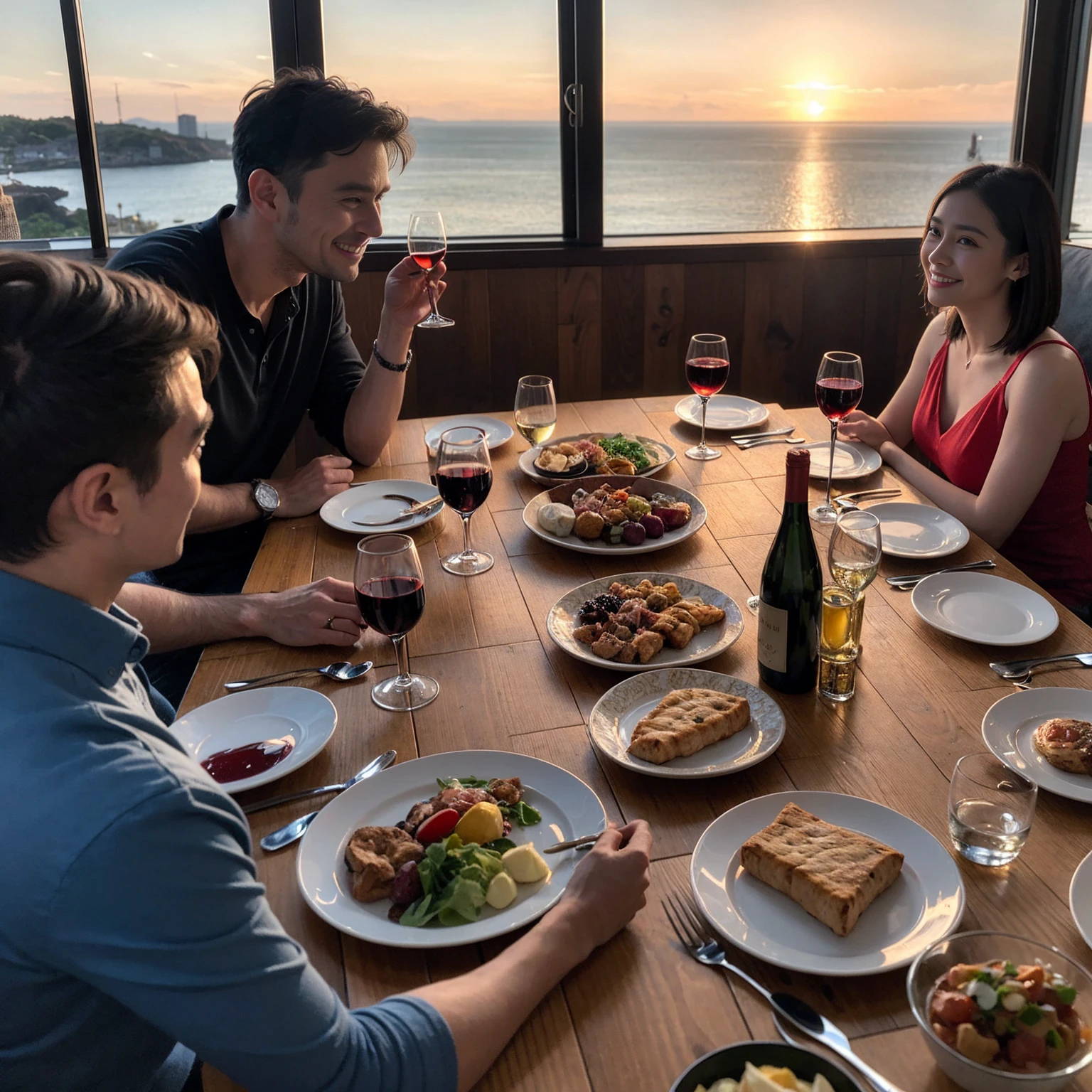 ((Highest quality、8k、masterpiece:1.3))、 (Genuineistic, Genuine、Bright image、Intricate details:1.2), 最高のsmile、1 male,1 female、Beautiful couple、spouse、fiancee、Good friends、actress couple、smile、Full-course dinner at a packed table、 (Slim face), (the body is slim), (Brown Hair), (short hair), テーブルのwine glass、Please shine a light on my face、 Amazing view of the sunset sky and clouds、 (42 years old)38 years old, red wine 、Appetizers、Wine bottle、sparkling wine、Long sleeve shirt、dress、White wine, red wine, wine glass, 