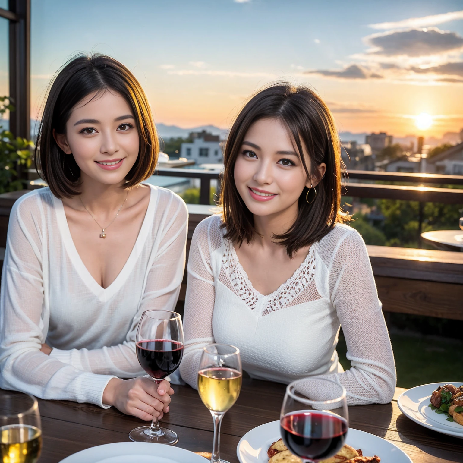 ((Highest quality、8k、masterpiece:1.3))、 (Genuineistic, Genuine、Bright image、Intricate details:1.2), 最高のsmile、1 male,1 female、Beautiful couple、spouse、fiancee、Good friends、actress couple、smile、Full-course dinner at a packed table、 (Slim face), (the body is slim), (Brown Hair), (short hair), テーブルのwine glass、Please shine a light on my face、 Amazing view of the sunset sky and clouds、 (42 years old)38 years old, red wine 、Appetizers、Wine bottle、sparkling wine、Long sleeve shirt、dress、White wine, red wine, wine glass,