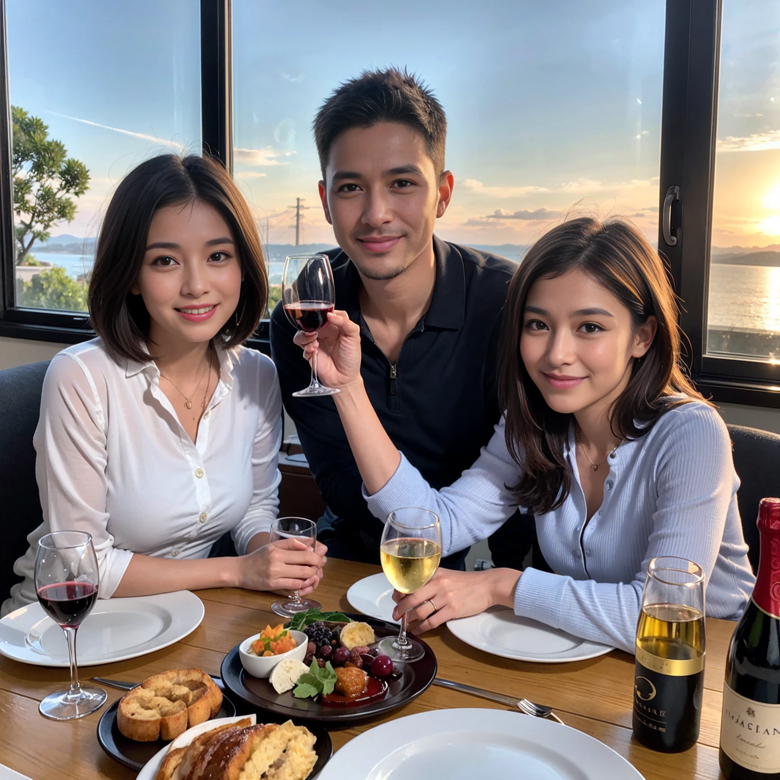 ((Highest quality、8k、masterpiece:1.3))、 (Genuineistic, Genuine、Bright image、Intricate details:1.2), 最高のsmile、1 male,1 female、Beautiful couple、spouse、fiancee、Good friends、actress couple、smile、Full-course dinner at a packed table、 (Slim face), (the body is slim), (Brown Hair), (short hair), テーブルのwine glass、Please shine a light on my face、 Amazing view of the sunset sky and clouds、 (42 years old)38 years old, red wine 、Appetizers、Wine bottle、sparkling wine、Long sleeve shirt、dress、White wine, red wine, wine glass,