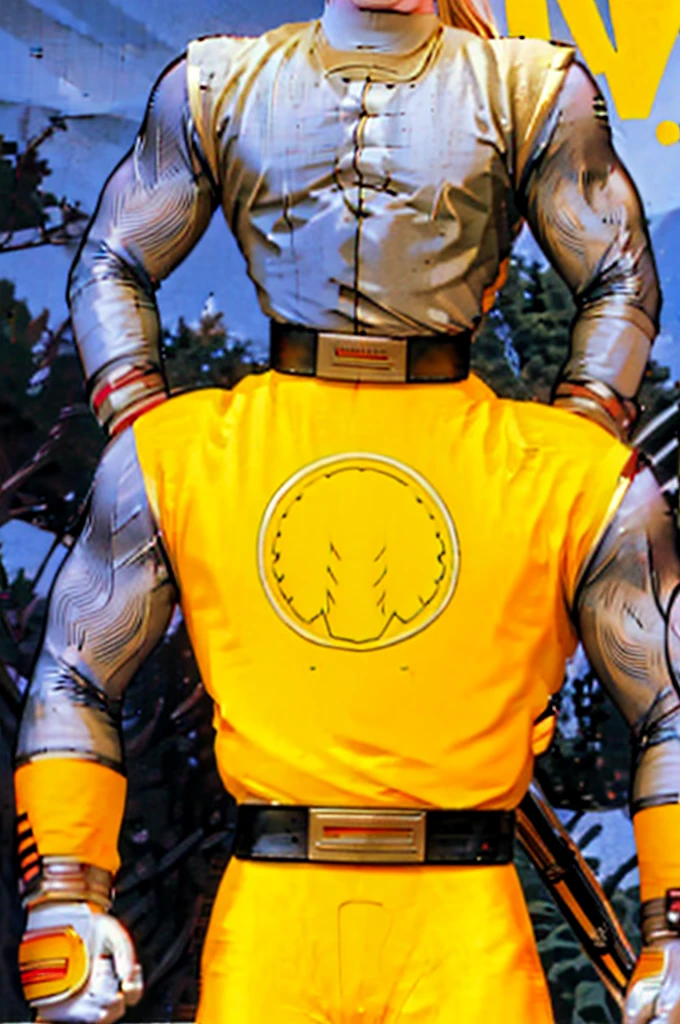 kenalpha, 1boy, male focus, blonde hair, long hair, muscular, pectorals, nsyellownohelmet, gloves, belt, yellow bodysuit, white gloves, yellow pants, original, (masterpiece), (illustration), (extremely fine and beautiful), perfect detailed, photorealistic, (beautiful and clear background:1.25), (depth of field:0.7)