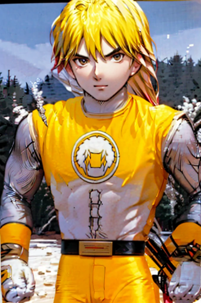 kenalpha, 1boy, male focus, blonde hair, long hair, muscular, pectorals, nsyellownohelmet, gloves, belt, yellow bodysuit, white gloves, yellow pants, original, (masterpiece), (illustration), (extremely fine and beautiful), perfect detailed, photorealistic, (beautiful and clear background:1.25), (depth of field:0.7)