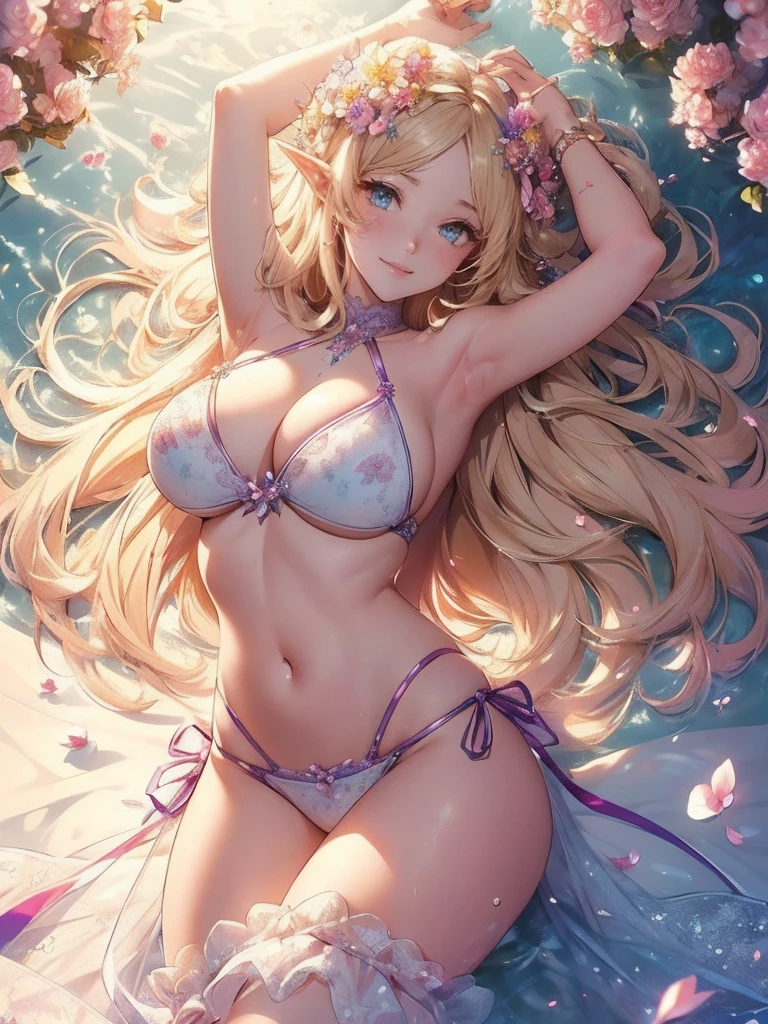 最high quality、1 beautiful woman, ((sleep on your back,)) Sleeping in the pool、View from the front、Lying down in the pool、Wet、In the water、Lying on its back on the water, looking at you、、detailed groin、、Blushing、To act embarrassed、、Ecstasy、Beautiful thighs、Filled with red roses、 NP: Worst quality ,flower fractal fine art、Fill the screen with flowers、Bigger on the screen、Lie on your back and face this way、Beautiful Eyes、lie on flower,s Water, Sleeping Princess、Fairy tale、Märchen Beautiful Eyes,High-definition depiction, Realistic, 8k, Unity, , light smile, Beautifully and vividly drawn, , Beautiful, beautiful, clear skin、sexy see-through swim suit,bikini ,sexy 、Ecstasy、 Raise your arms behind your head,  Romanticism,mosquito。 The most beautiful form of chaos, Mr..々color, Intertwined flowers, P article,Magical gentle light,smile,sexy,image quality、masterpiece、Beautiful Face、Super beautiful woman((Big breasted 22 year old office lady、Bust 100,Beautiful long ironed hair、Blonde Hair、height: 165cm。、sexy、Esbian、high quality、、Visual Arts、最high quality、1 woman NP: Worst quality ,Flower fractal art、、Beautiful radiance,High-definition depiction, Realistic, 8k, Unity, , light smile, Beautifully and vividly drawn, , Beautiful, beautiful, clear skin、sexy ((see-through bikini,))Countless rays of light pouring down, Swirling Light, , Raise one arm above your head, Intense light is emitted from the magic flower circle in front of the girl. Romanticism,: The most beautiful form of chaos, Mr..々color, Intertwined flowers, Particle,magical gentle light,smile,sexy,image quality、masterpiece、Beautiful Face、Super beautiful elf woman((Big breasted ,Beautiful 、sexy、Esbian、、high quality、Visual art、Written boundary depth、、elf Ears、、universe、Happy smile、、、elegant、ticker beautiful decorative、、magic、、Beautiful bed、A kind smile、wonderful、Fluttering petals、、Cultivate fantasy、、Mystery light　Lots of flowers、、art、art,mystery,Ultra-high resolution,atmosphere 最high quality、((sleep on your back))