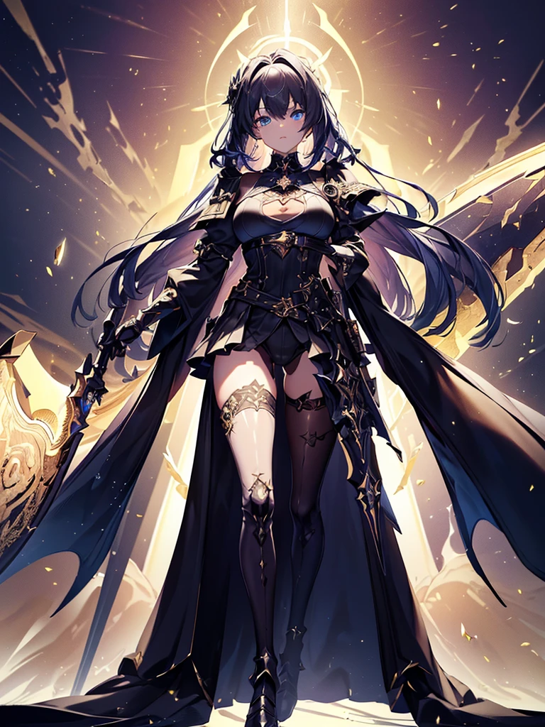 (((masterpiece, best quality, high detailed, 8k))) Design a layout showcase Gaming character, (1girl). Black|Gold clothes, stylish and unique. ((showcase weapon:1.4)), dark scythe. (masterpiece:1.2), (best quality), 4k, ultra-detailed. (Step by step design, layout art:1.5), (luminous lighting, atmospheric lighting). necromancer, ((glove full hands)), (((revealing clothes:1.3))), vambraces, armored legwear, (((full_body_shot:1.4))). {In a haunted graveyard}.