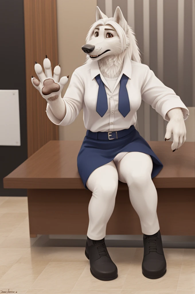 Barbara\(Moscow\), (white body:1.3), white fur, Brown eyes, Moscow, dressed, bank employee uniform,White shirt, длинная skirt, long hair,shoes,skirt, is sitting, canine, wolf, Detailed fur, Female, breast, antro, paw pads, finger claws, waving, waving at viewer, 5 fingers, paws, 4 toes,ring, bank office work, 
BREAK from nextel, for dating, by xenoforge, (difficult, high detail, film photography, soft focus, RAW is sitting, It's working, 
Photorealism, realistic, photorealistic, digital style, Subsurface scattering,
masterpiece, Best quality, ultra realistic, 8 k)