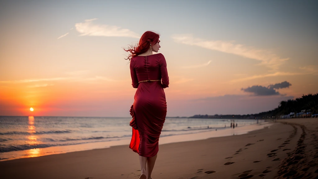 Portrait of the navel at the head of a red-haired French woman of 20 years, small build, dressed in an antique Roman dress drapped in ecru linen, on a beach, dynamic position, hands in the buttocks, head bowed, seduction, charm, sunset, cinematographic rendering, 32K, RAW