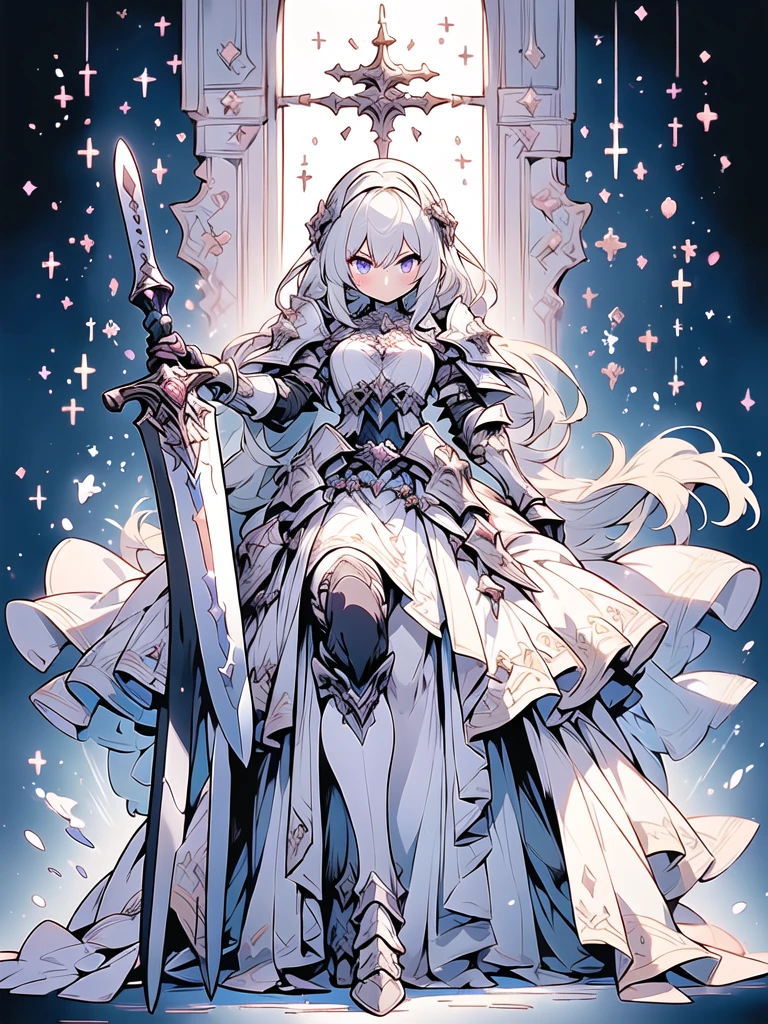 (((masterpiece, best quality, high detailed, 8k))) Design a layout showcase Gaming character, (1girl). Purple|Silver clothes, stylish and unique. ((showcase weapon:1.4)), magical orb. (masterpiece:1.2), (best quality), 4k, ultra-detailed. (Step by step design, layout art:1.5), (luminous lighting, atmospheric lighting). sorceress, ((glove full hands)), (((revealing clothes:1.3))), vambraces, armored legwear, (((full_body_shot:1.4))). {In an enchanted castle}.