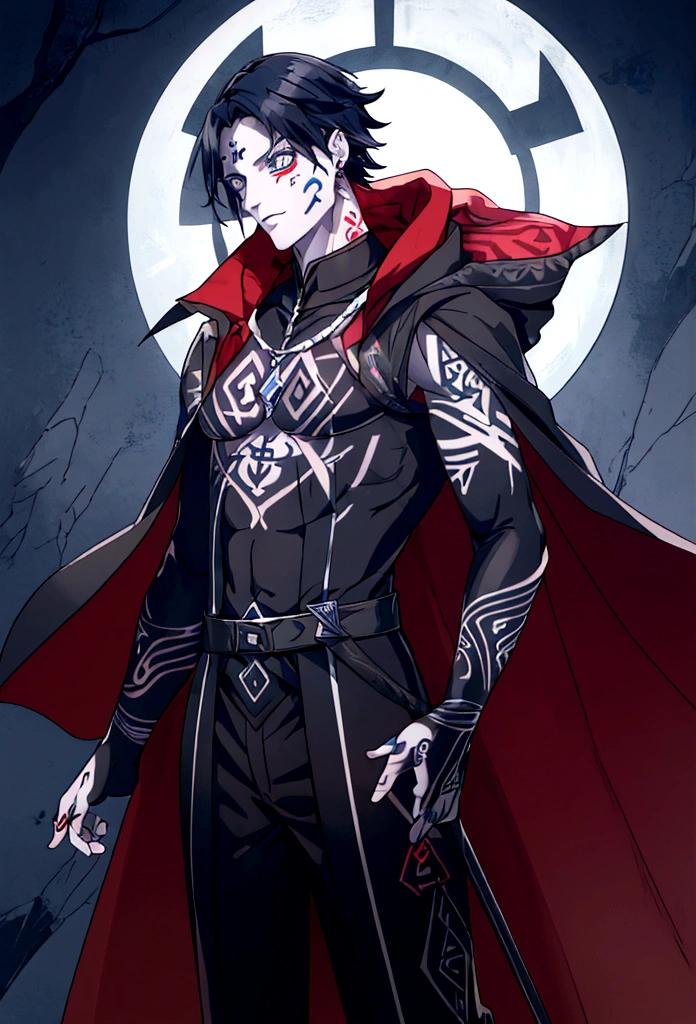 4K high resolution, one male, (((Rune Tattoos))), red and black hair, prince Knight dress suit, cape