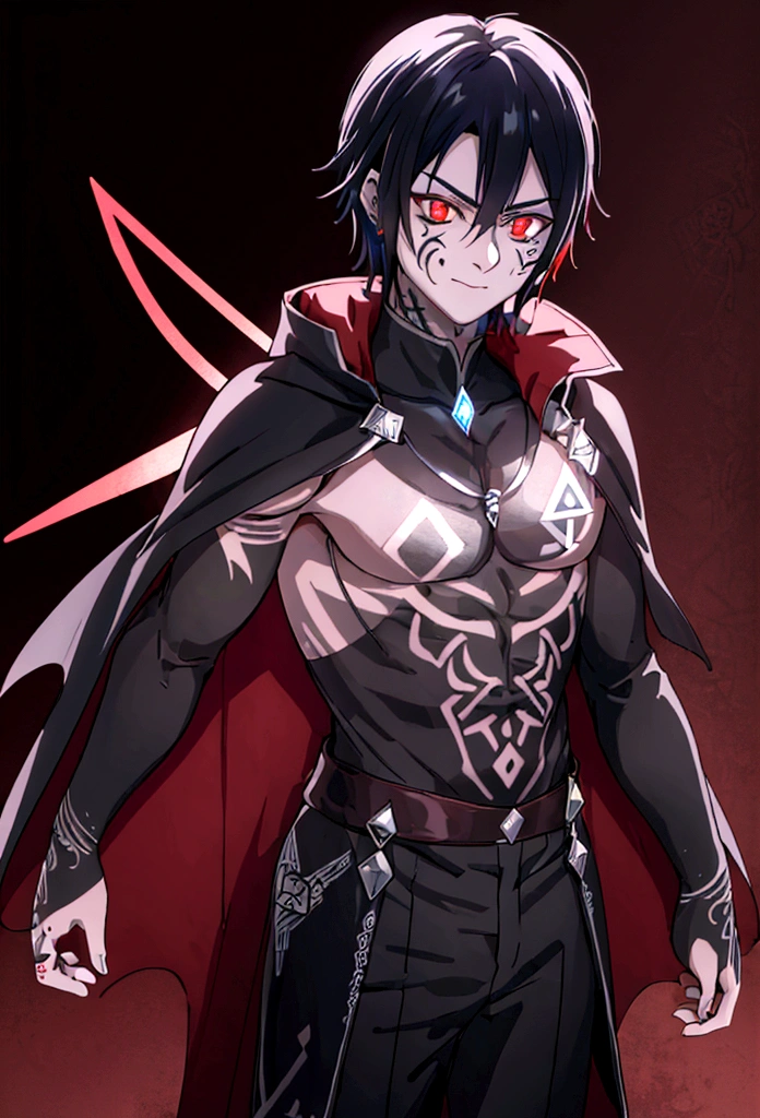 4K high resolution, one male, (((Rune Tattoos))), red and black hair, prince Knight dress suit, cape