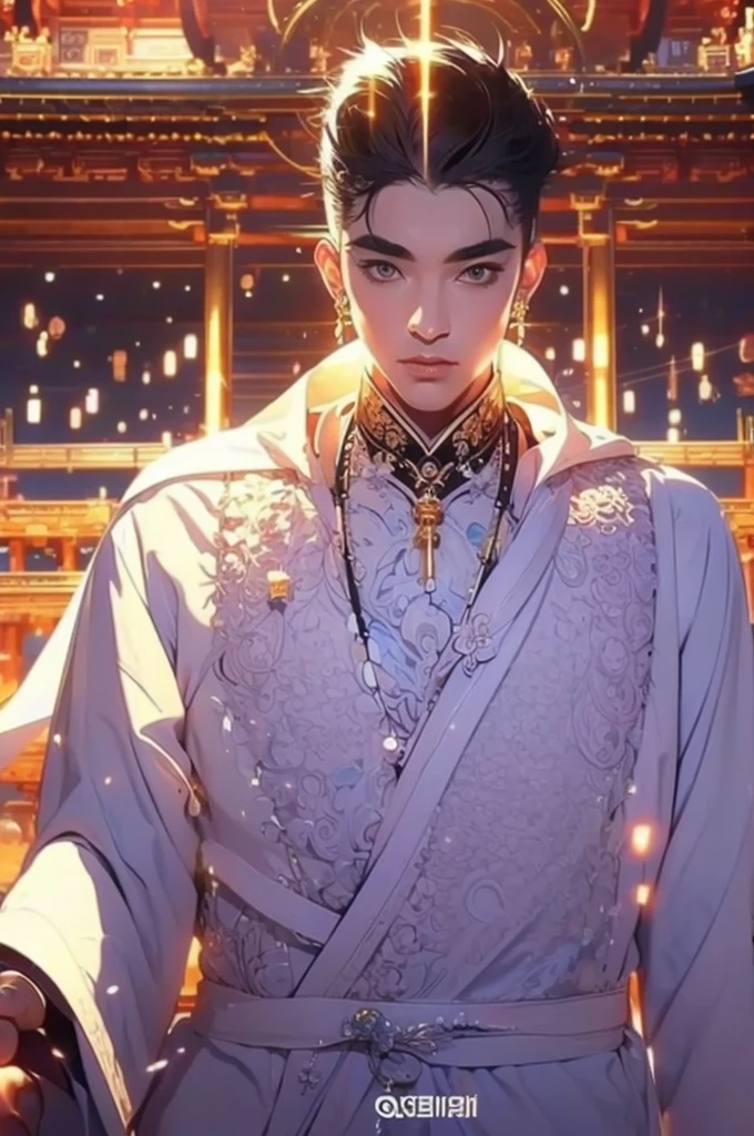 a man in a white robe, young and handsome man, ponytail, waist-length hair, ancient Chinese clothing, qi, a huge saber, ancient Chinese buildings in the background, night, powerful character, purple rays, a beautiful landscape. Detailed face, thick eyebrows, black eyes, 8k, robe embroidered with gold edges, detailed clothing, xianxia, world of cultivation. ((upper body))