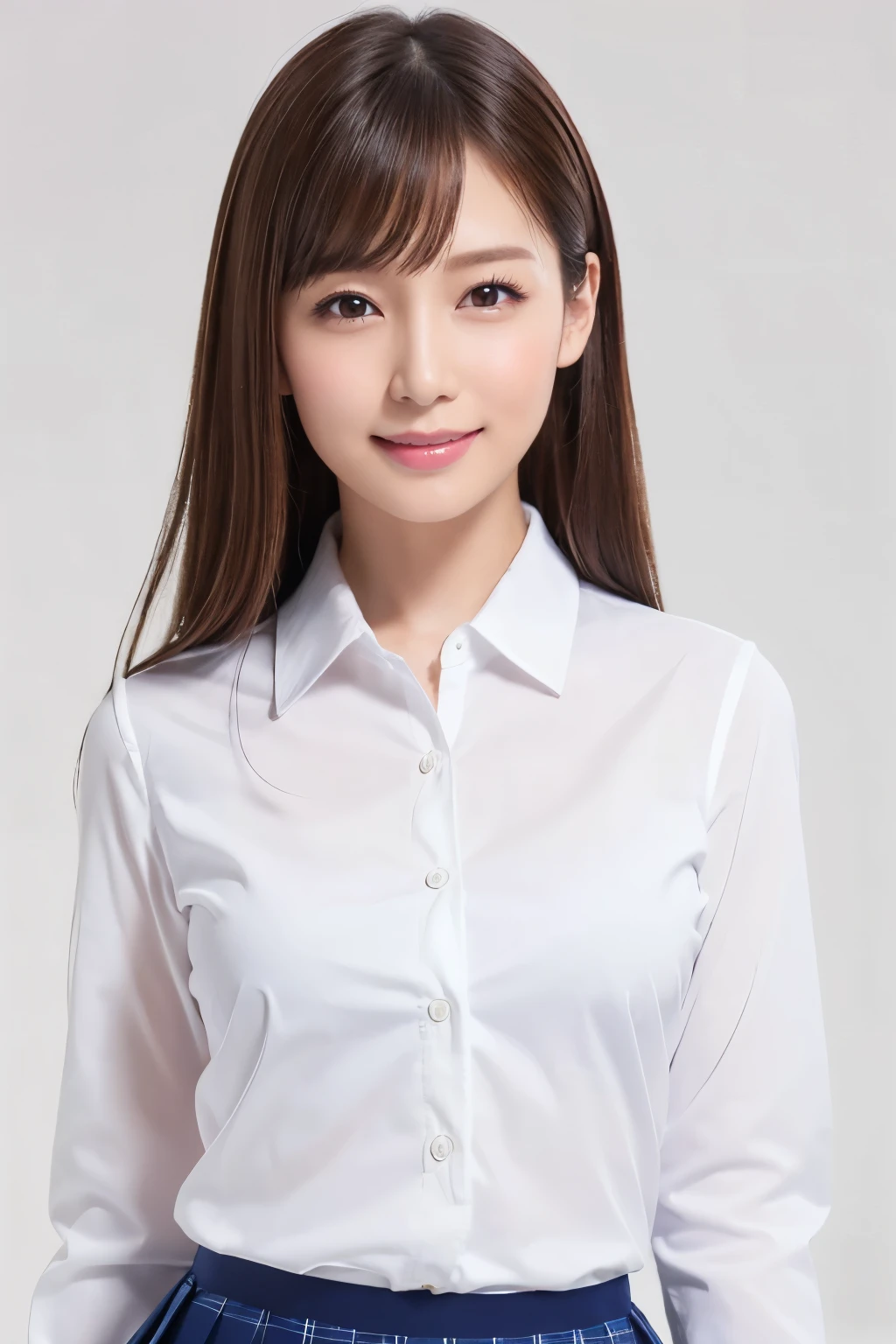 (Highest quality、Tabletop、8k、Best image quality、Award-winning works)、Cute school girl、(White polyester collared shirt:1.1)、(Navy Pleated Skirt:1.1)、Girl portrait photography、Glowing Skin、Brown Hair、Standing Elegantly、(The simplest pure white background:1.1)、(Large Breasts:1.1)、(Accentuate your body lines:1.1)、(Close-up of face:1.1)