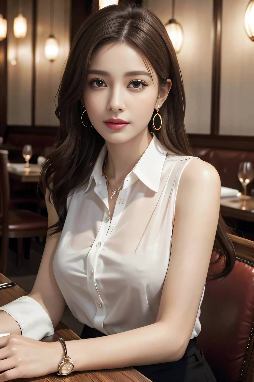 masterpiece, Highest quality, Realistic, Very detailed, Finer details, High resolution, 8k wallpaper, One beautiful woman, Wear an elegant see-through shirt blouse, In a great restaurant, At night, Light Brown Hair, Perfect dynamic composition, Beautiful and beautiful eyes、Big earrings、Sit on a chair、Sleeveless shirt、