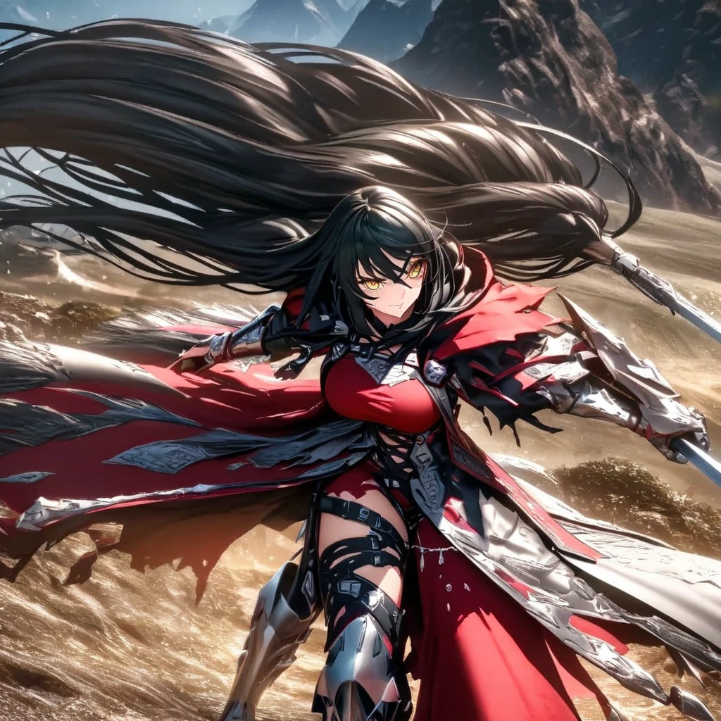 A woman wearing a red dress, metal boots, metal bracelet, holding a silver sword, black hair, long hair, yellow eyes, big breasts, serious face, walking on a dirt road around a mountain, with aesthetics of fantasy,UHD , work- prime, precise, anatomically correct, textured skin, super details, high quality, best quality, 8k, high resolution, bokeh effect. (man alone)
