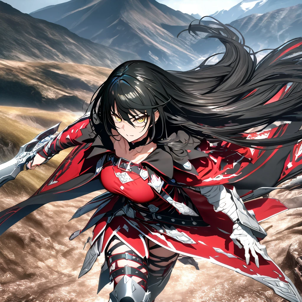 A woman wearing a red dress, metal boots, metal bracelet, holding a silver sword, black hair, long hair, yellow eyes, big breasts, serious face, walking on a dirt road around a mountain, with aesthetics of fantasy,UHD , work- prime, precise, anatomically correct, textured skin, super details, high quality, best quality, 8k, high resolution, bokeh effect. (man alone)
