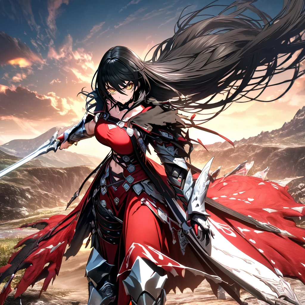 A woman wearing a red dress, metal boots, metal bracelet, holding a silver sword, black hair, long hair, yellow eyes, big breasts, serious face, walking on a dirt road around a mountain, with aesthetics of fantasy,UHD , work- prime, precise, anatomically correct, textured skin, super details, high quality, best quality, 8k, high resolution, bokeh effect. (man alone)
