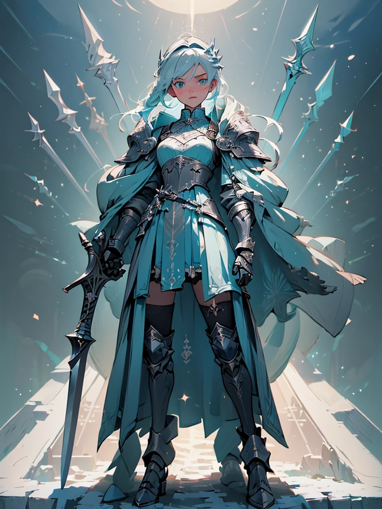 (((masterpiece, best quality, high detailed, 8k))) Design a layout showcase Gaming character, (1girl). Blue|Silver clothes, stylish and unique. ((showcase weapon:1.4)), bow and arrows. (masterpiece:1.2), (best quality), 4k, ultra-detailed. (Step by step design, layout art:1.5), (luminous lighting, atmospheric lighting). archer, ((glove full hands)), (((revealing clothes:1.3))), vambraces, armored legwear, (((full_body_shot:1.4))). {On a snowy mountain}.