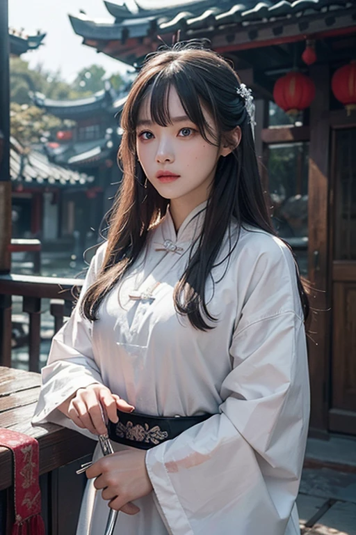 Masterpiece, best quality, night, outdoors, rainy days, branches, Chinese style, ancient China, 1 woman, mature woman, silver white long haired woman, gray blue eyes, light pink lips, cold, serious, weak, bangs, assassins, short knives, white clothes, black clothing patterns, blood stains, blood, injuries, blood on the face, blood on the clothes, rain, fine face, fine face,