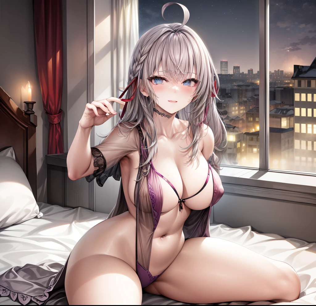 Indulge in perfection as you behold Alisa Mikhailovna Kujou peacefully resting on a high-quality bed,(((acoatada en la cama))), (((dormida de forma tierna)), adorned in a beautiful nightgown, with flawless anatomy, (((flirty look))) (((sexy pose)), while the gentle moonlight through the window adds a touch of magic to this stunning 4K image, free from any distortions that may detract from her beauty."