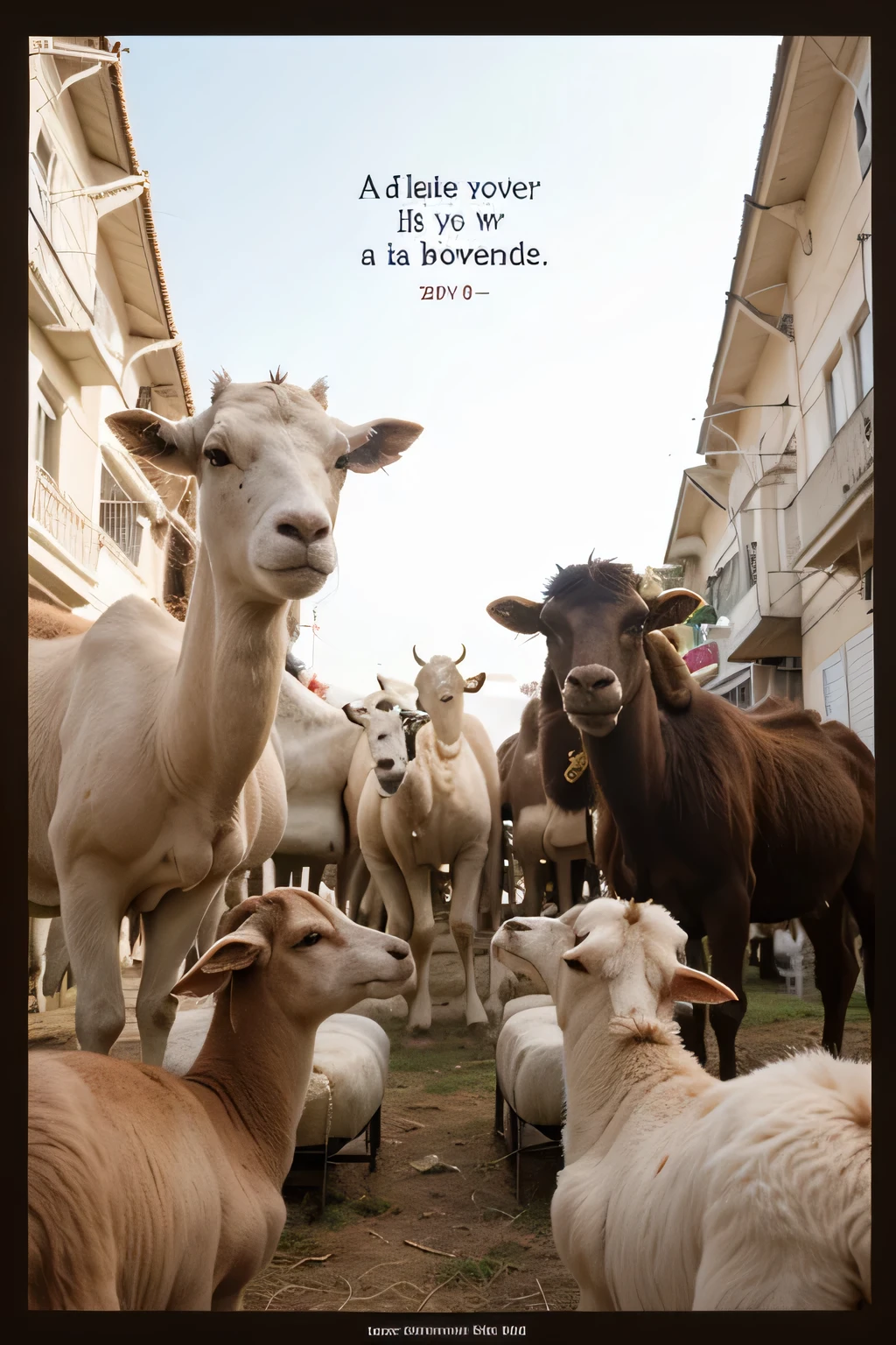 make me an Eid al-Adha poster, in it there are goats, sheep, cows, camels, words of happy Eid al-Adha 10 Dzulhijjah 144