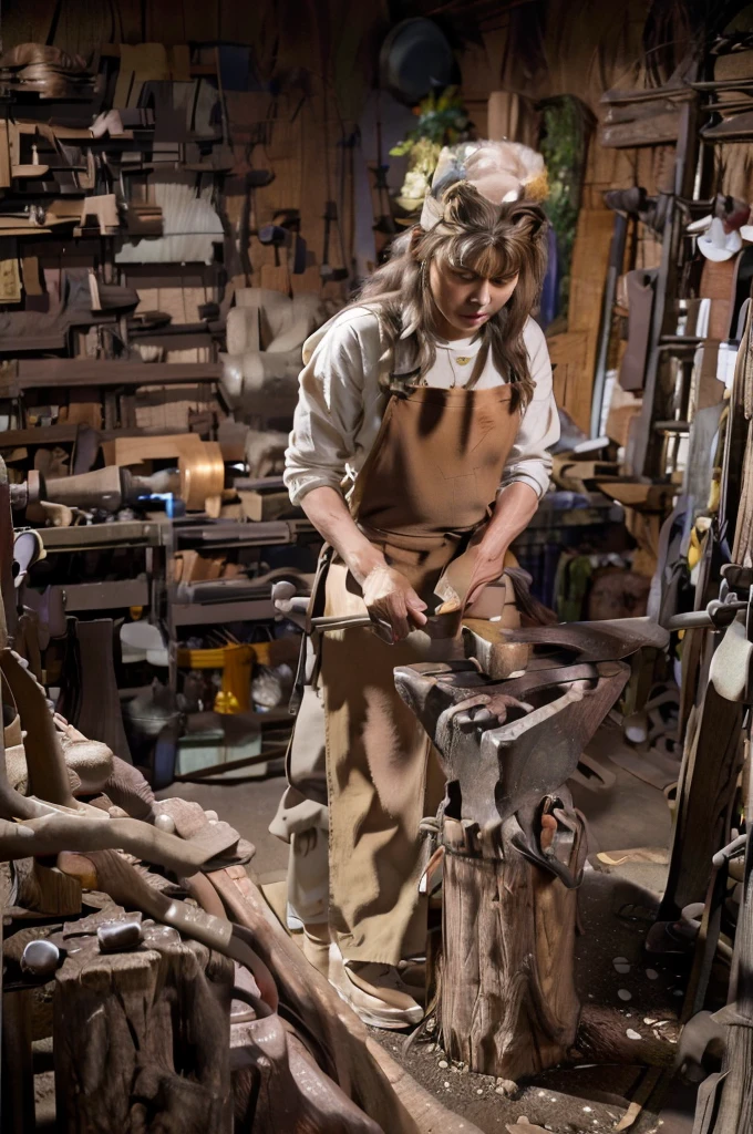 an anthropomorphic thin gray and tan rabbit inventor dressed like a native american working on a wooden device in a workshop, masterpiece, best, photo realistic