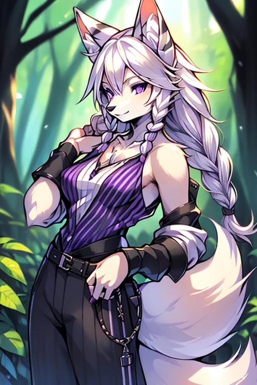 ( Absurdly , High quality , ultra detailed ) ,( hand detailed ) , 1girl, solo, mature, absurdres(highly detailed beautiful face and eyes)perfect anatomy Solo, Young Female white fox-cat (((lean-body))) (((medium breasts))) (short snout),(((fur (black stripe) between neck and shoulder towards chest))) ((fur (black stripes) on waist))(ears are darker), ((violet eyes)), (cat tail (black at end)), (white hair (single-braided)), ((female fox cat)), (detailed eyes), (clevedge, (collarbone, shoulders), (solo, (1girl)) ((((fluffy white fur)))), white hands, ((extremely detailed fur)) ((hair in face)) (big braid), (thin long tail) (extremely detailed eyes), white hands, happy, barefoot, (kingdom hearts style jacket and pants) midrriff, sideboob, (nomura tetsuya) (nomura tetsuya style clothing), violet clothes, beautiful forest