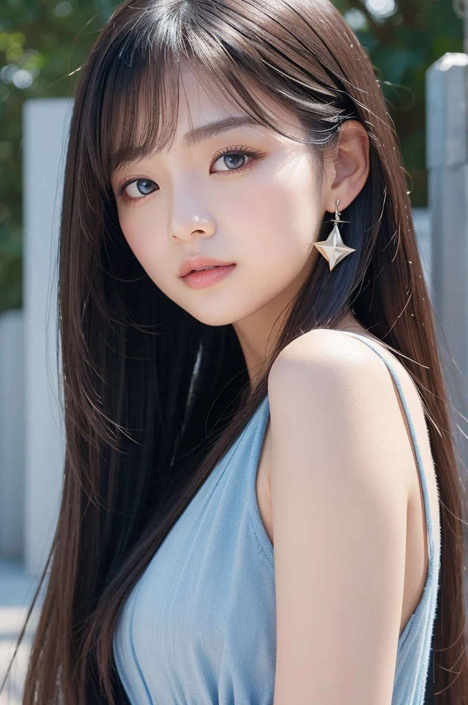 Vertical screen、8k、It depicts a beautiful Japanese girl with long black hair.。Her hair is straight、It reflects light and gives off a beautiful shine.。The tip of the hair has a blue gradient.、Adds a unique accent to the overall atmosphere.。Her hair flutters in the wind.、It features a depiction of movement.。
Her eyes are a very bright blue、Eye-catching。The eyes are deep、It shines like a jewel。Her eyes are fixed on the camera、Make a strong impression on the viewer。Her eyes are delicately drawn、Long eyelashes stand out。
Her skin is very smooth、It has a ceramic-like texture。There is a slight redness on the cheeks、Enhances natural beauty。Lips are pink、Soft lines are drawn。Overall、Her expression is calm, but、It exudes a mysterious atmosphere。
Her star-shaped earrings sparkle、Her simple yet gorgeous accessories enhance her beauty even more.。The earrings reflect light、It enhances the overall brightness of the image。
The background is simple、A pale blue gradation spreads。The simplicity of the background makes her figure stand out even more.、The overall composition is very well balanced.。The light and shadow effects in the background give her hair and skin beautiful highlights.。
The use of light is also very clever.、The light on her face and hair is soft.。especially、The way the light reflects off the blue of her hair is beautifully depicted.。The contrast of light and shadow gives the whole piece a three-dimensional look.、Makes her look real。
as a whole、This image is very realistic, but、Contains fantastic elements。Her natural beauty and the simplicity of the background are a perfect match.、It offers a highly engaging visual experience。This work is packed with realistic depictions and artistic elements that users love.。