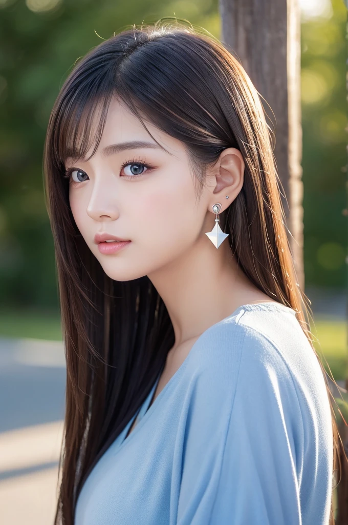 Vertical screen、8k、It depicts a beautiful Japanese girl with long black hair.。Her hair is straight、It reflects light and gives off a beautiful shine.。The tip of the hair has a blue gradient.、Adds a unique accent to the overall atmosphere.。Her hair flutters in the wind.、It features a depiction of movement.。

Her eyes are a very bright blue、Eye-catching。The eyes are deep、It shines like a jewel。Her eyes are fixed on the camera、Make a strong impression on the viewer。Her eyes are delicately drawn、Long eyelashes stand out。

Her skin is very smooth、It has a ceramic-like texture。There is a slight redness on the cheeks、Enhances natural beauty。Lips are pink、Soft lines are drawn。Overall、Her expression is calm, but、It exudes a mysterious atmosphere。

Her star-shaped earrings sparkle、Her simple yet gorgeous accessories enhance her beauty even more.。The earrings reflect light、It enhances the overall brightness of the image。

The background is simple、A pale blue gradation spreads。The simplicity of the background makes her figure stand out even more.、The overall composition is very well balanced.。The light and shadow effects in the background give her hair and skin beautiful highlights.。

The use of light is also very clever.、The light on her face and hair is soft.。especially、The way the light reflects off the blue of her hair is beautifully depicted.。The contrast of light and shadow gives the whole piece a three-dimensional look.、Makes her look real。

as a whole、This image is very realistic, but、Contains fantastic elements。Her natural beauty and the simplicity of the background are a perfect match.、It offers a highly engaging visual experience。This work is packed with realistic depictions and artistic elements that users love.。