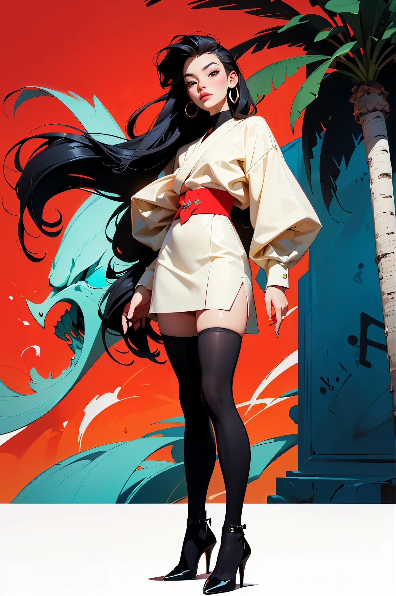 ((Art style by Patrick Nagel)), ((8k, wallpaper, detailed)), dark sunglasses, korean popstar, thighhighs, high heels, long legs, black hair, pretty hands, fringe, full body, samurai sword, (multiple girls:1.4), simple red background, palm trees, (graffiti wall:1.2), muscular, strong, courageous, art by Patrick Nagel