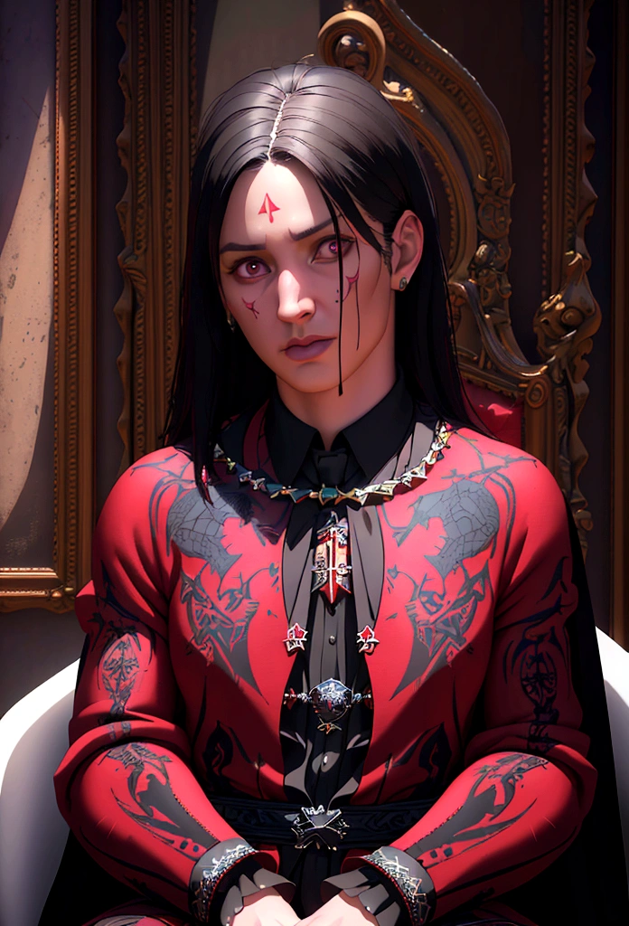 a knight with rune tattoos, red and black hair, wearing a prince knight dress suit with a cape, (best quality,4k,8k,highres,masterpiece:1.2),ultra-detailed,(realistic,photorealistic,photo-realistic:1.37),portrait, highly detailed, sharp focus, vivid colors, dramatic lighting