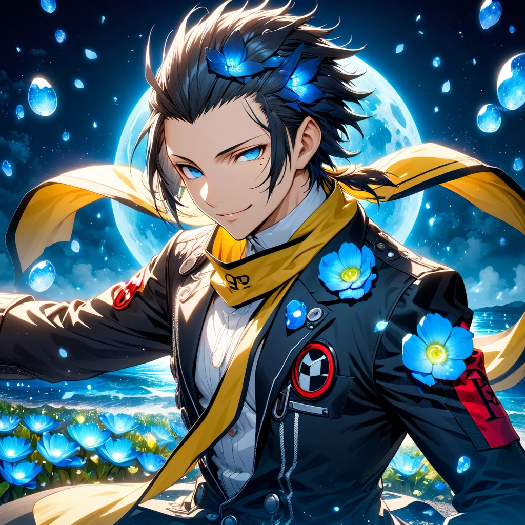Ultra detailed, Highres, absurdres, HDR, Mochizuki Ryouji, black hair, slicked back hair, expressive blue eyes, yellow scarf with black patterns, Persona 3, fantasy, petals, handsome, sexy man, solo, very detailed eyes and face, master piece, blue flowers, shining blue fireflies, petals, magical, water, mole under his left eye, white shirt, toned chest, blue moon, smirking