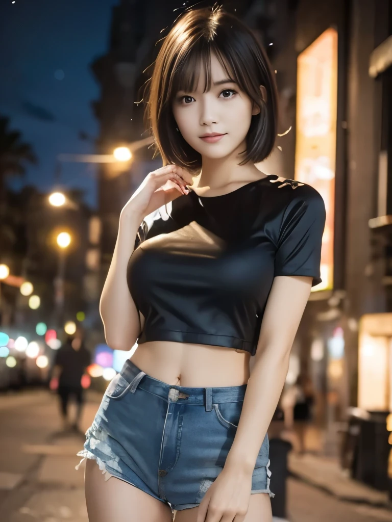 (masterpiece, best quality:1.1), (8k, raw photo, photo realistic:1.2, (shiny skin), detailed skin, medium breast, BREAK, medium bob hair:1.3, detailed face, detailed eyes, BREAK, real world, intricate details, smil, BREAK, 1girl, very sexy pose, (very sexy clothes:1.4, short sleeve:1.3), BREAK, (night city:1.3, summer)