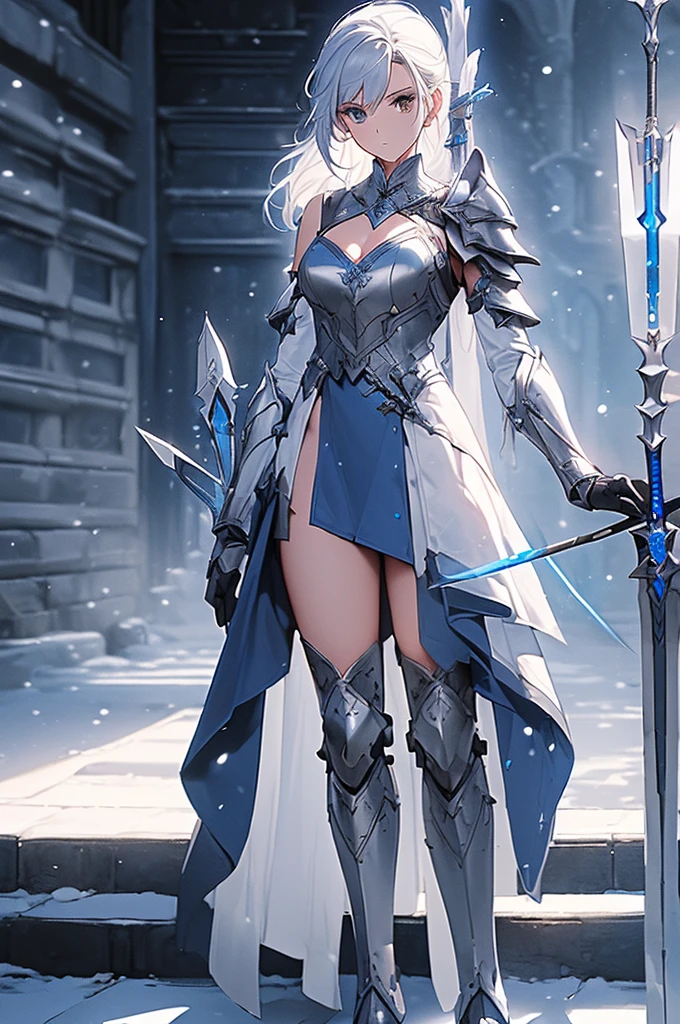 (((masterpiece, best quality, high detailed, 8k))) Design a layout showcase Gaming character, (1girl). Blue|Silver clothes, stylish and unique. ((showcase weapon:1.4)), bow and arrows. (masterpiece:1.2), (best quality), 4k, ultra-detailed. (Step by step design, layout art:1.5), (luminous lighting, atmospheric lighting). archer, ((glove full hands)), (((revealing clothes:1.3))), vambraces, armored legwear, (((full_body_shot:1.4))). {On a snowy mountain}.