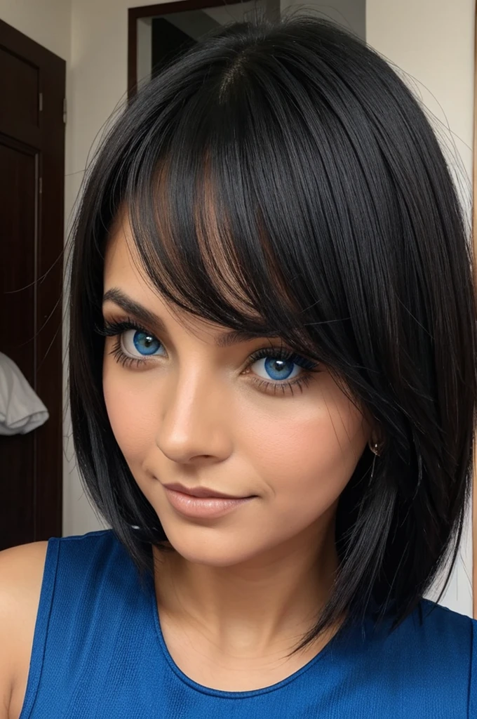 Un chica con cabello negro ojos azules con vestido rojo