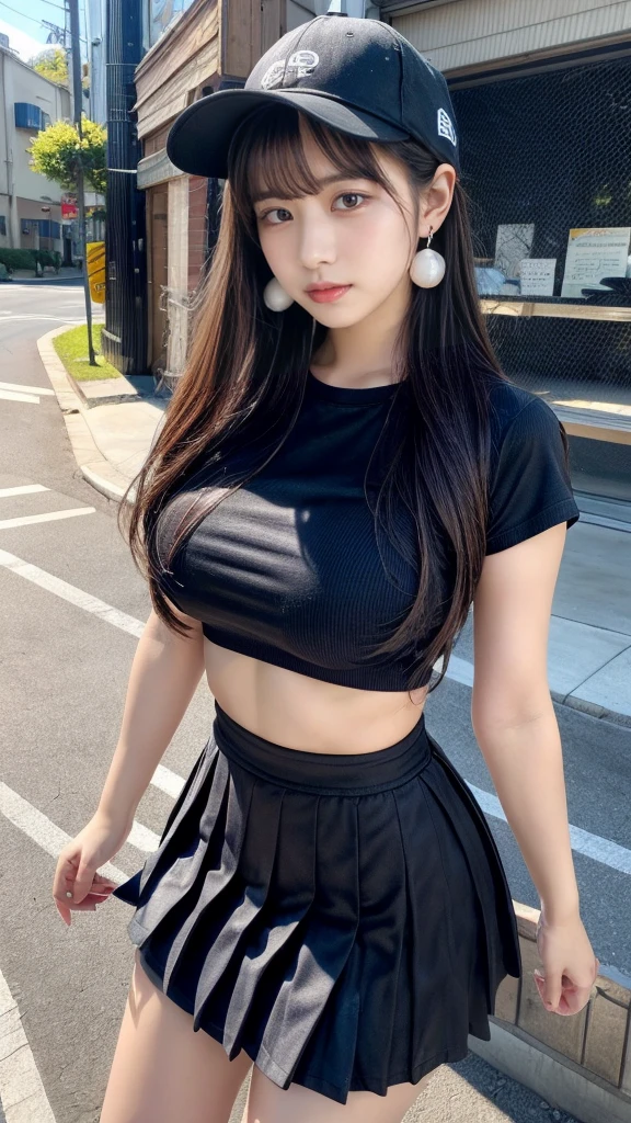 masterpiece, best quality, illustration, Super detailed, fine details, High resolution, 8K,wall paper, perfect dynamic composition,(Details High quality, realistic depiction of eyes:1.3), baseball cap, earrings, (black t-shirt), (black pleated skirt), straight hair, black hair color, Big Natural Color Lip, sexy pose, (perfect body shape), crying a little、 Harajuku style、20 year old girl、cute type、ta, hposing Gravure Idol, full body photo、focus on crotch, huge breasts