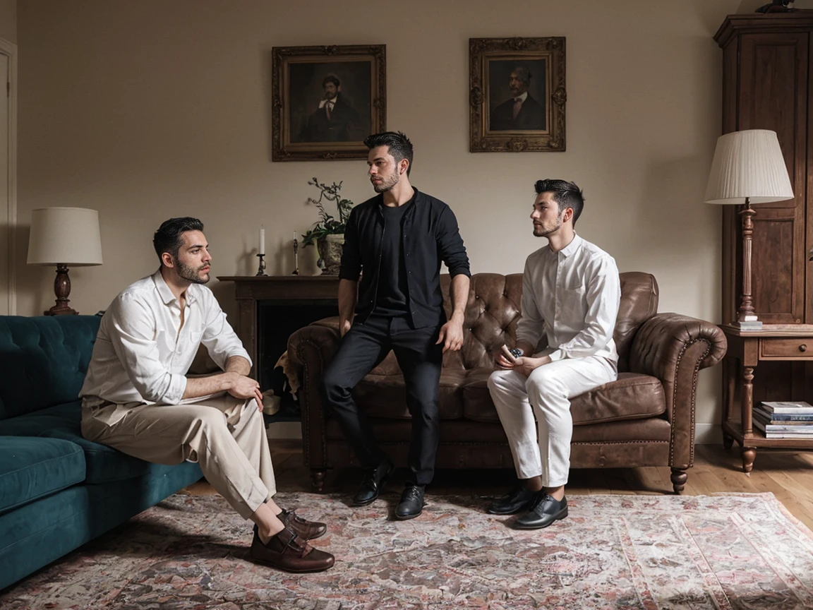 shot on leica, shadowplay, gorgeous lighting, subtle hues ,handsome men ,long clothes ,living room