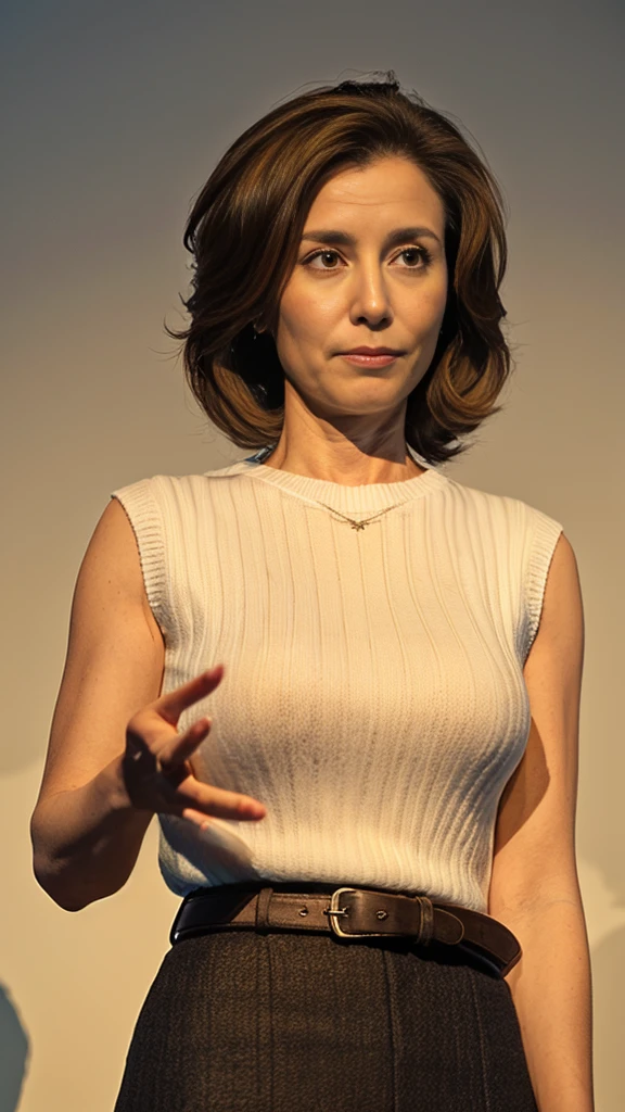 Highest quality, masterpiece, High resolution, Photorealistic, Professional Lighting, Very detailed, Depth of written boundary, ((One beautiful woman)), ((40 years old)), Sexy Woman, ((Photographed in front of a white wall)), ((Sleeveless sweater, skirt)), Detailed face, Beautiful Eyes,  Light brown straight hair, Faint lips, ((Stand in front、Staring at the audience, A variety of expressions)), Cowboy Shot, sharp,Slightly large breasts