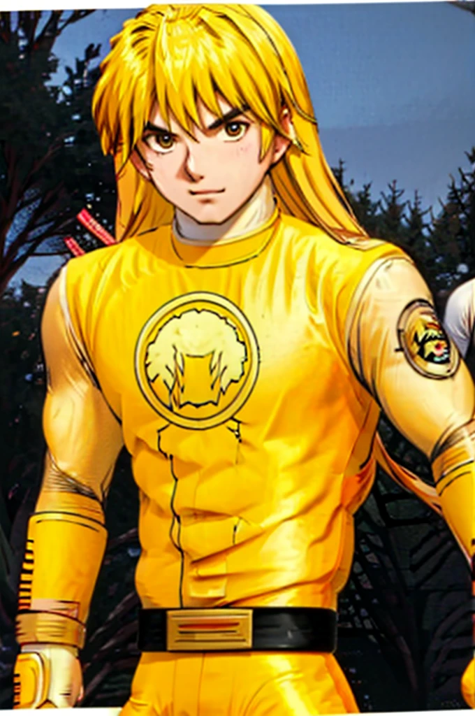 kenalpha, 1boy, male focus, blonde hair, long hair, muscular, pectorals, nsyellownohelmet, gloves, belt, yellow bodysuit, white gloves, yellow pants, original, (masterpiece), (illustration), (extremely fine and beautiful), perfect detailed, photorealistic, (beautiful and clear background:1.25), (depth of field:0.7)