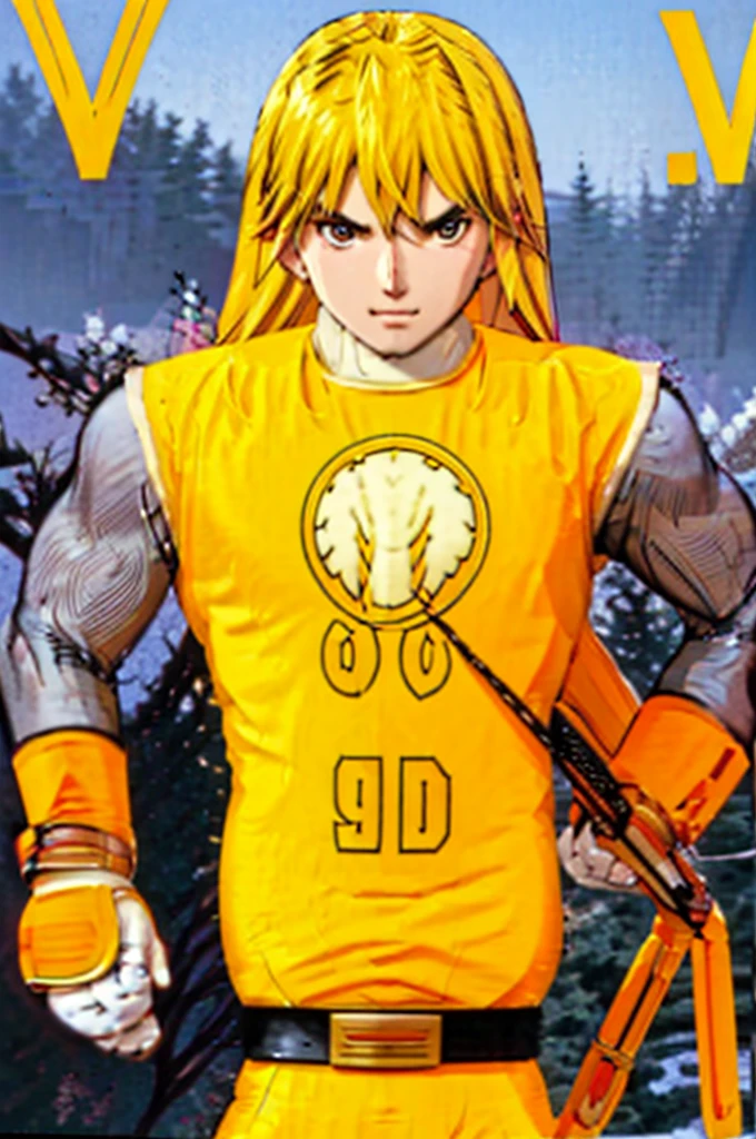 kenalpha, 1boy, male focus, blonde hair, long hair, muscular, pectorals, nsyellownohelmet, gloves, belt, yellow bodysuit, white gloves, yellow pants, original, (masterpiece), (illustration), (extremely fine and beautiful), perfect detailed, photorealistic, (beautiful and clear background:1.25), (depth of field:0.7)