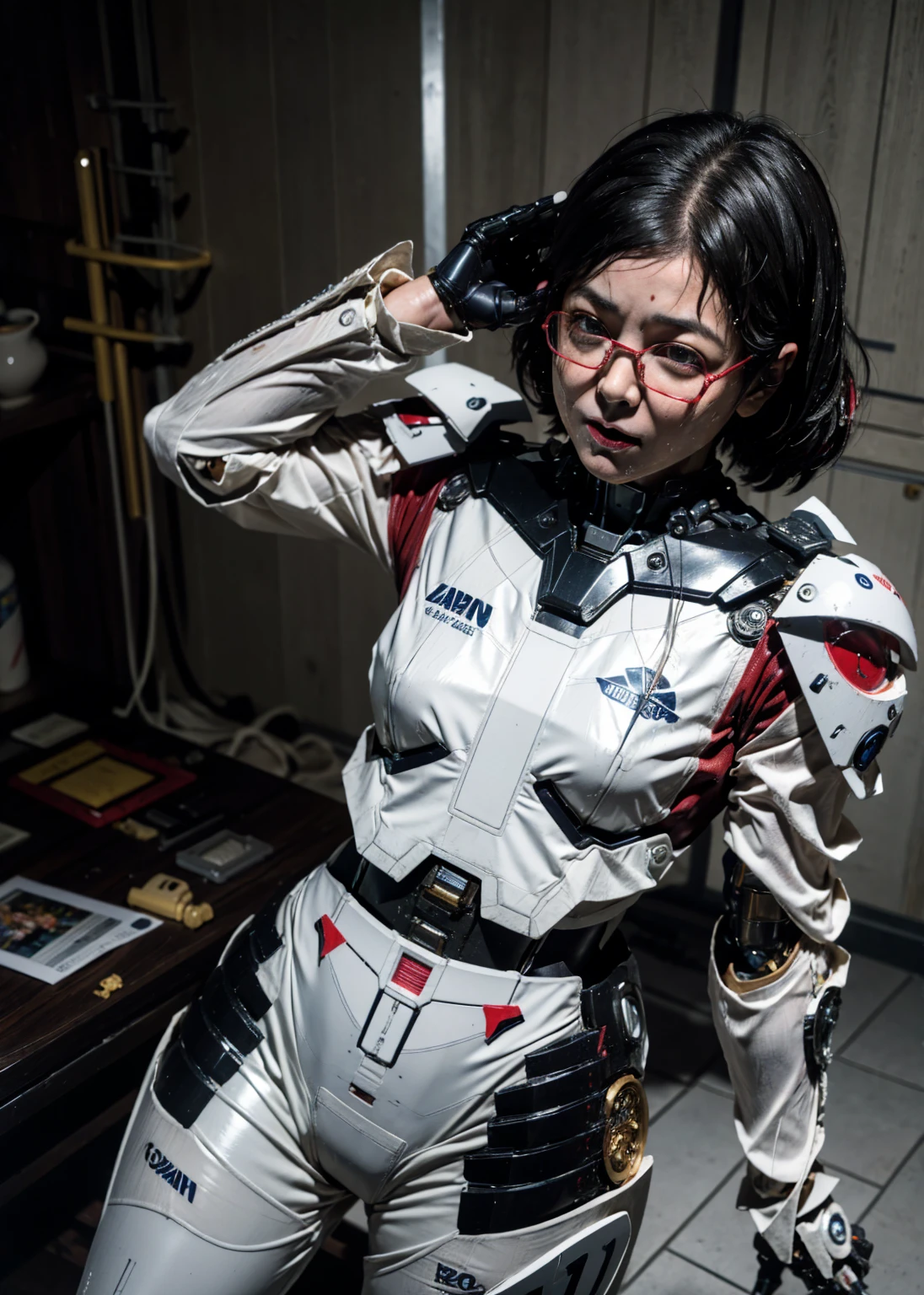 Sober middle-aged woman、Textured skin, Black-rimmed glasses、Super detailed, Attention to detail, high quality, 最high quality, High resolution, 1080p, hard disk, beautiful,(Gundam),beautifulサイボーグ女性,Mecha Cyborg Girl Only Red and Black,Battle Mode,Girl with a mechanical body,She wears a futuristic Gundam mecha,Full Body Shot、cute、Sweaty face、Painful expression、Appearance damage、、humid、Soaking wet、Configuration、Raise your hands、Water leaking from the crotch、Lying in bed