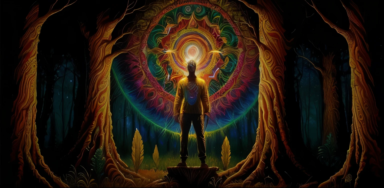 painting of a man standing in front of a tree with a sun in the middle, dan mumford and Estilo Alex Grey, Estilo Alex Grey, DMT shamanic epic art, Alex Gray e Beksinski, Estilo de Alex Grey, arte de psytrance, Alex Grey Arte, visuais dmt, inspirado em Alex Grey, um ser interdimensional, entidade dmt ; Arte LSD