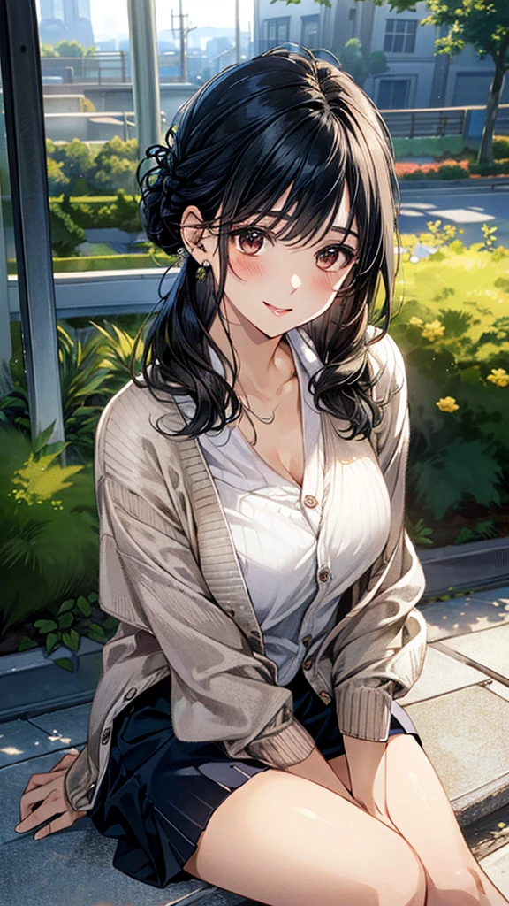 (masterpiece:1.2, Highest quality, Ultra-high resolution, Super detailed), (Realistic, photoRealistic:1.4), Beautiful illustrations, (Natural Side Lighting, Cinema Lighting), View your viewers, 1 Girl, Japanese, Adult women,30 years old, Perfect Face, (Perfect Anatomy), Cute and symmetrical face, Shiny skin, thin,(Black Hair, Medium、Updo Hair:1.4)、 Hair between the eyes, Swept-apart bangs, Brown eyes, Droopy eyes, Big eyes, Long eyelashes, (Large Breasts), Beautiful Hair, Beautiful Face, Beautiful attention to detail, Beautiful clavicle, Beautiful body, Beautiful breasts, Beautiful thighs, Beautiful feet,((Detailed cloth texture, (Tan Cardigan, Closed Cardigan), Collared shirt, Navy wraparound skirt, Please edit this)), (Beautiful views), Depth of written boundary, evening, (garden, distant cityscape), Sitting on a bench, (Cute smile, Upward glance, Open your mouth),