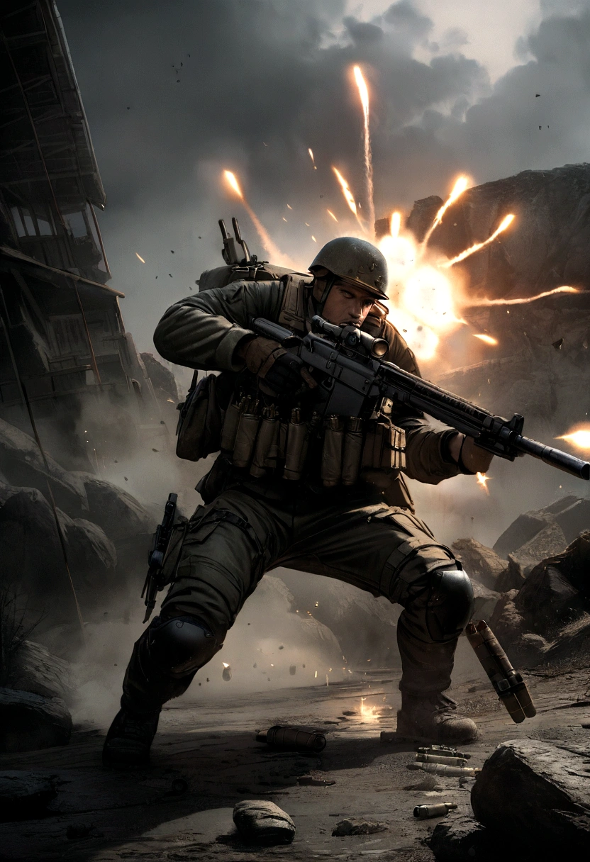 armas, munitions, shooting exchange, highly detailed, photorealistic, cinematic lighting, moody atmosphere, gritty realism, military equipment, bullet casings, smoke, dramatic action, intense combat, adrenaline-filled, gripping tension, powerful explosions, strategic positioning, tactical maneuvers, rugged terrain, overcast sky, muted color palette, chiaroscuro lighting, weathered textures, hyperrealistic details, masterful composition, visceral energy, epic scale, breathtaking cinematography