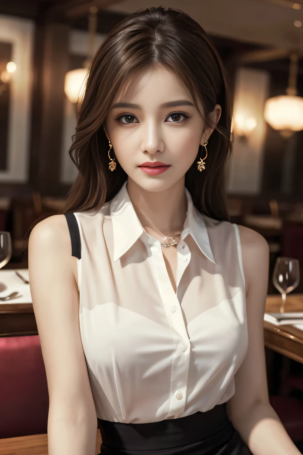 masterpiece, Highest quality, Realistic, Very detailed, Finer details, High resolution, 8k wallpaper, One beautiful woman, Wear an elegant see-through shirt blouse, In a great restaurant, At night, Light Brown Hair, Perfect dynamic composition, Beautiful and beautiful eyes、Big earrings、Sit on a chair、Sleeveless shirt、