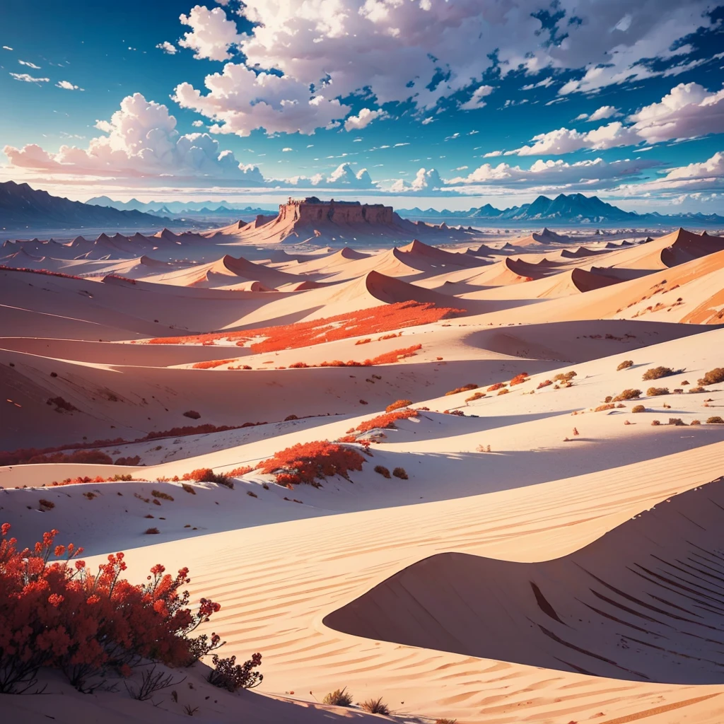 A landscape of a desert of dunes, trees of white trunks with scarlet colored flowers surging from the arenas, on the horizon there are mountains covered by clouds of storm