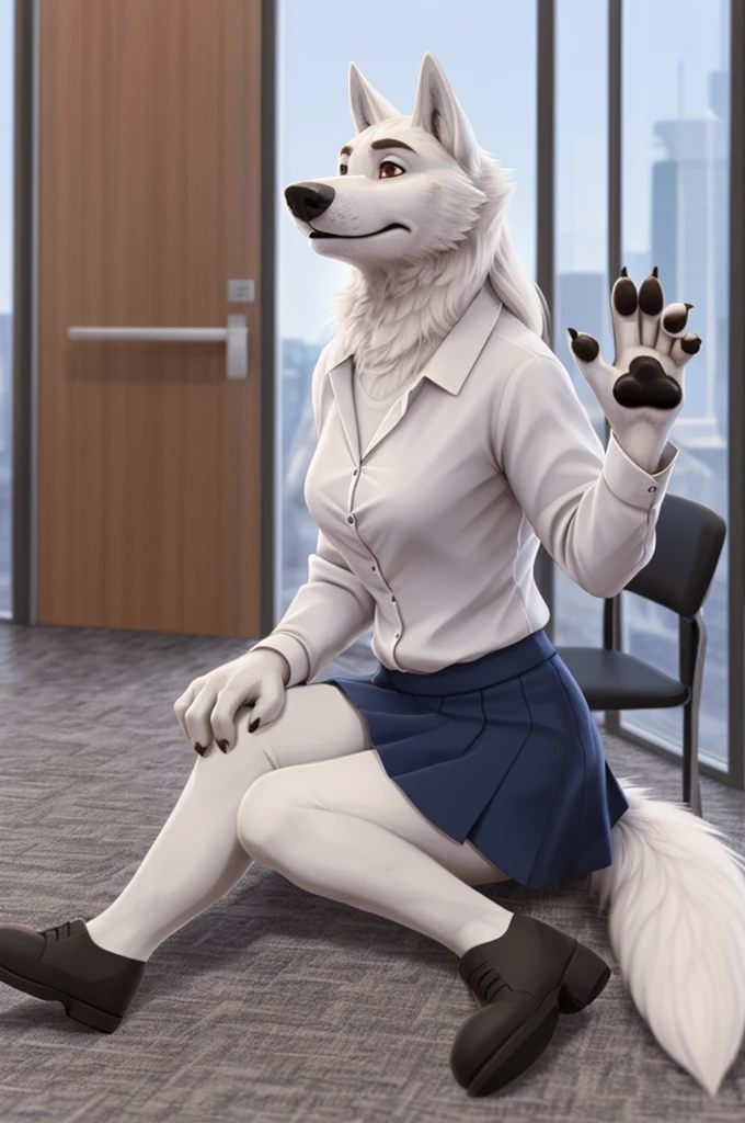 Barbara\(Moscow\), (white body:1.3), white fur, Brown eyes, Moscow, dressed, bank employee uniform,White shirt, длинная skirt, long hair,shoes,skirt, is sitting, canine, wolf, Detailed fur, Female, breast, antro, paw pads, finger claws, waving, waving at viewer, 5 fingers, paws, 4 toes,ring, bank office work, beautiful wolf, 
BREAK from nextel, for dating, by xenoforge, (difficult, high detail, film photography, soft focus, RAW is sitting, It's working, 
Photorealism, realistic, photorealistic, digital style, Subsurface scattering,
masterpiece, Best quality, ultra realistic, 8 k)