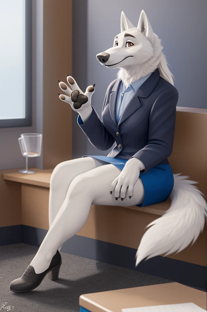Barbara\(Moscow\), (white body:1.3), white fur, Brown eyes, Moscow, dressed, bank employee uniform,White shirt, длинная skirt, long hair,shoes,skirt, is sitting, canine, wolf, Detailed fur, Female, breast, antro, paw pads, finger claws, waving, waving at viewer, 5 fingers, paws, 4 toes,ring, bank office work, beautiful wolf, 
BREAK from nextel, for dating, by xenoforge, (difficult, high detail, film photography, soft focus, RAW is sitting, It's working, 
Photorealism, realistic, photorealistic, digital style, Subsurface scattering,
masterpiece, Best quality, ultra realistic, 8 k)