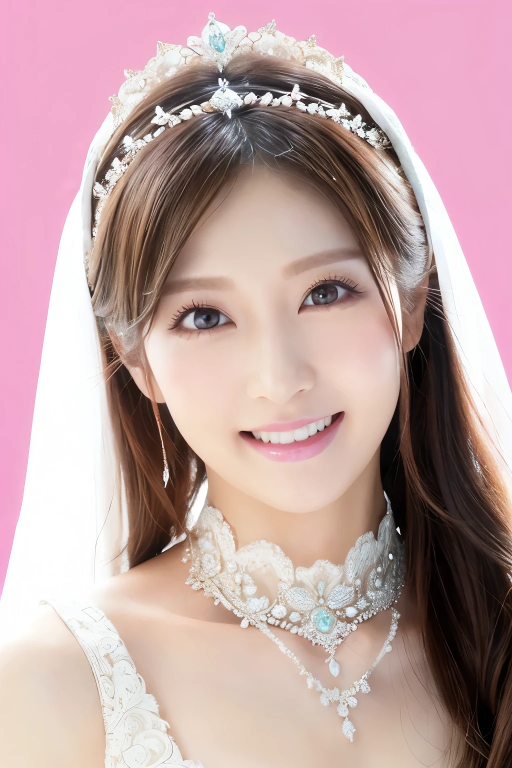 (Highest quality、Tabletop、8k、Best image quality、Award-winning works)、One beautiful bride、(alone:1.1)、(The most extravagant and gorgeous huge pure white wedding dress:1.1)、(Perfect Wedding Lace:1.2)、(The most gorgeous and luxurious giant tiara:1.1)、(The most extravagant and luxurious giant necklace:1.1)、Look at me with your best smile、The finest jewellery decoration、Perfect Makeup、Long eyelashes、Ultra HD Shining Eyes、Ultra HD Hair、Ultra-high resolution glossy lips、Ultra High Resolution Perfect Teeth、Super high resolution beautiful face、(Accurate anatomy:1.1)、Very bright and beautiful skin、very bright and vivid、Perfect beautiful bridal hairstyles、(Front facing body:1.1)、(Solid pink background:1.2)