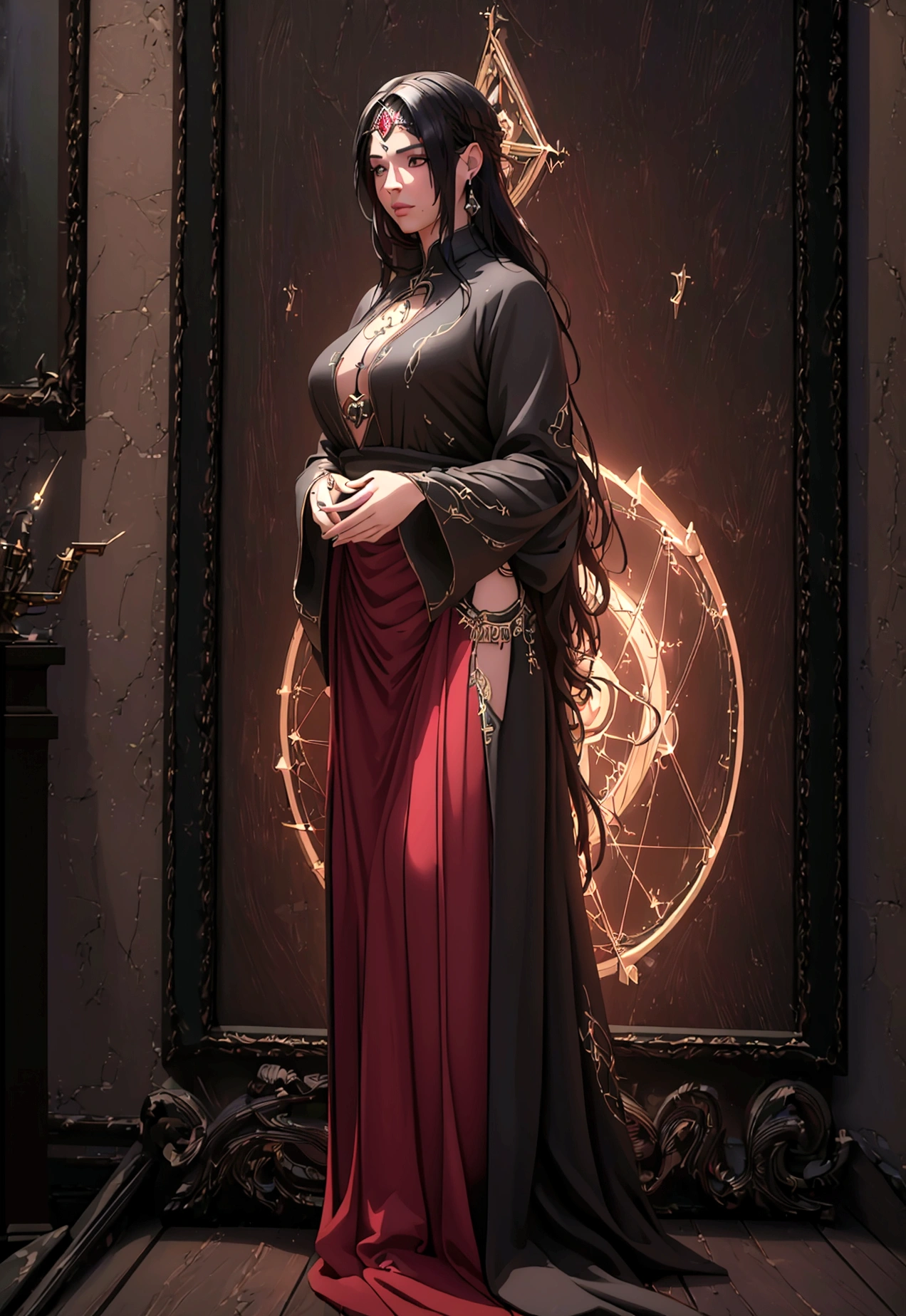 (best quality,4k,8k,highres,masterpiece:1.2),ultra-detailed,(realistic,photorealistic,photo-realistic:1.37),1girl,glowing rune tattoos,red and black hair,princess knight pants gown dress,circlet,fantasy,epic,dramatic lighting,cinematic,digital painting