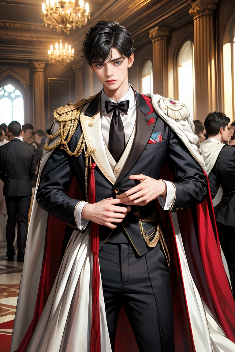 masterpiece, 最high quality, high quality, 1 boy, alone, Male focus, Watching the audience, Messy black hair, Adorable big blue eyes, White people, Noble, Noble,Sexy voluminous cape、Tuxedo、A very voluminous, large, very large, very large, long, long red and black cape with a high stand-up collar, reaching down to the floor, made of a lot of fabric., 17 years old,Cute beautiful boys,Cute, cute, kind, handsome guy